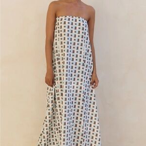 Strapless Maxi Dress in White and Brown Geometric Print